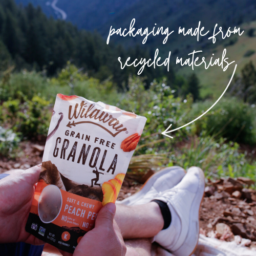 Image of granola over the mountains with an arrow pointing to the bag saying "packaging made from recycled materials"