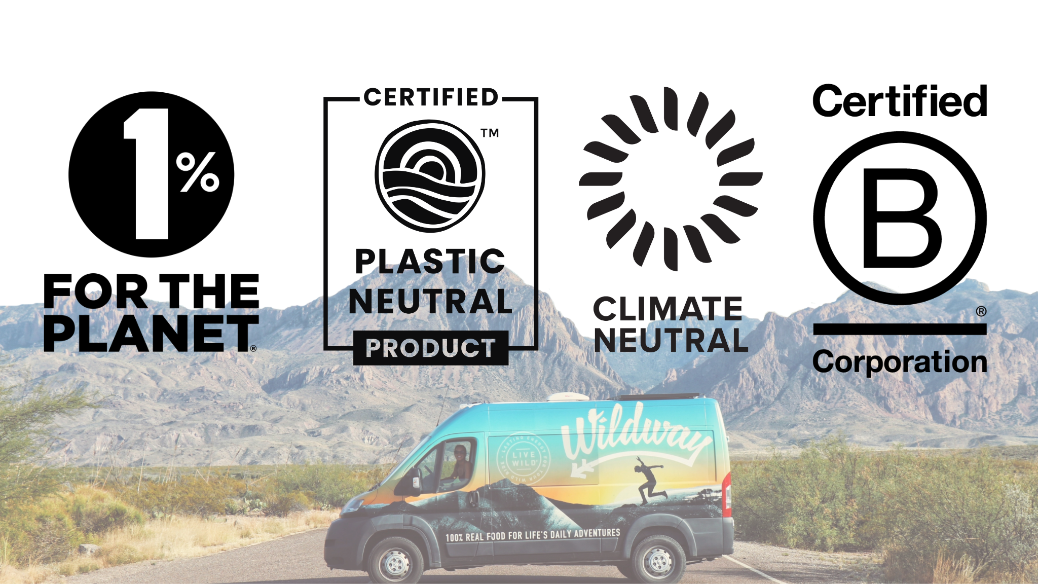 1% for the planet logo, plastic neutral logo, climate neutral logo, B Corporation logo, with Wildway van in the background